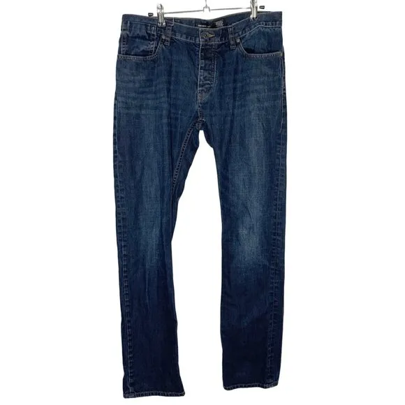 John Varvatos USA Blue Denim Jeans Designer Size 34R Button Fly Embroidered