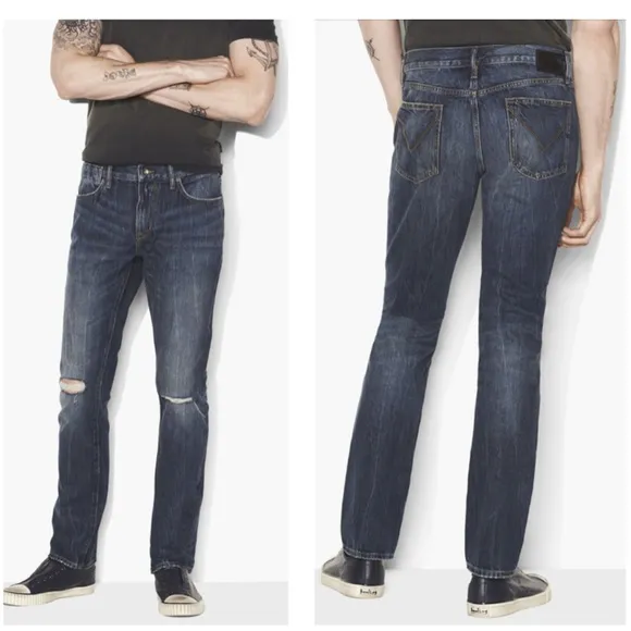 John Varvatos Mens Jeans Bowery Blue Denim Distressed Slim Straight Size 29 x 32