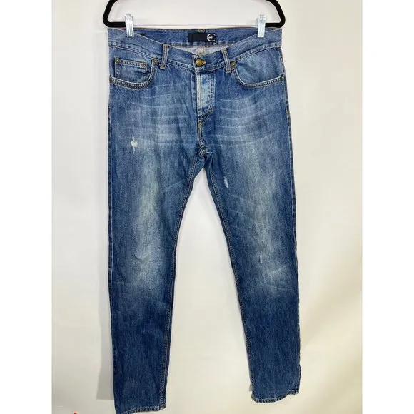 JUST CAVALLI Gold Medium Wash Low Waist Slim Leg Jeans Men Size 35 Button Fly