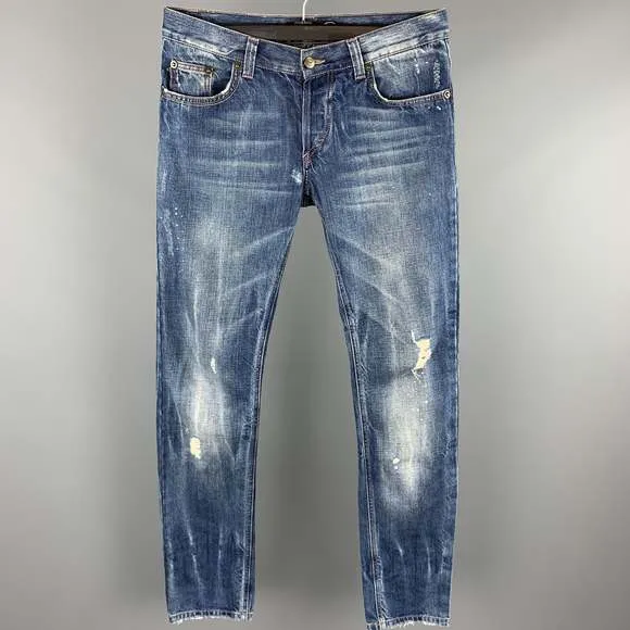 JUST CAVALLI Size 31 Indigo Distressed Denim Button Fly Low Rise Jeans