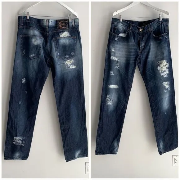 Just Cavalli by Roberto Cavalli men’s distressed dark blue jeans, 40 by 54
