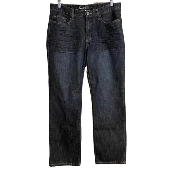 Kenneth Cole Men Black Jeans 33x30 Distressed Straight Leg Crinkled Front Cotton