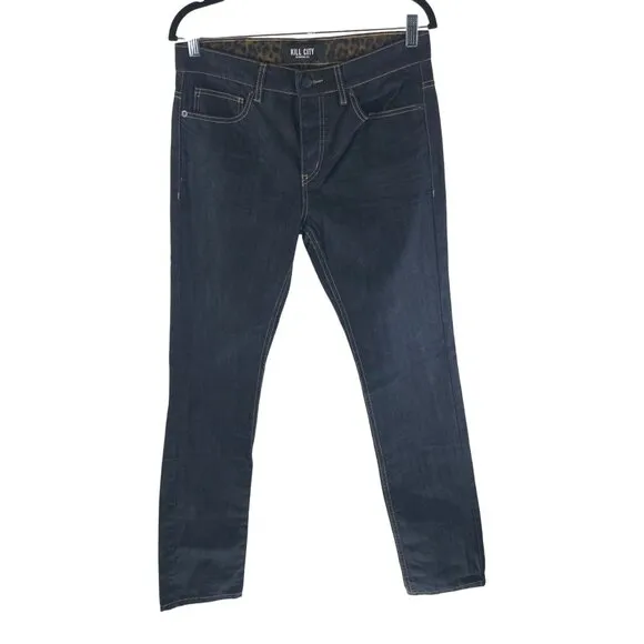 Kill City Mens Skinny Dark Wash Denim Jeans Button Fly Goth Punk 32x33
