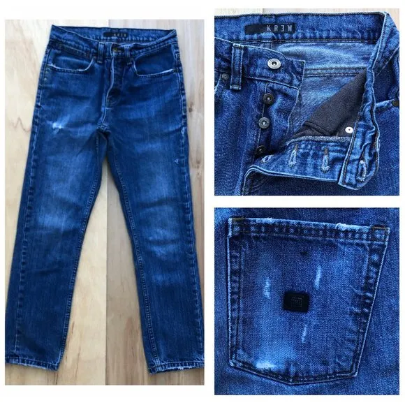 KR3W KSTANDARD BUTTON FLY Men’s Destructed Artisan Blue Jeans sz 28W x 29L
