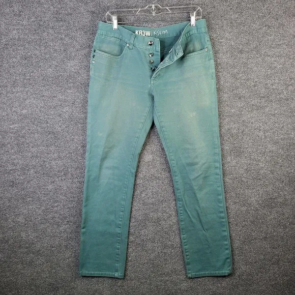 KR3W Krew Denim Kslim Jeans Men's 32 Button Fly Teal Stretch