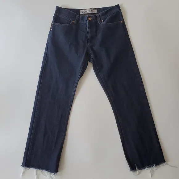 KR3W Klassic Basics Blue Dark Wash Denim Raw Hem Low Rise Button Fly Jeans