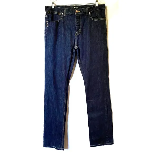 Krew KR3W Jeans Mens Measures 36 x 31 Blue Denim Button Fly Straight Flaw READ
