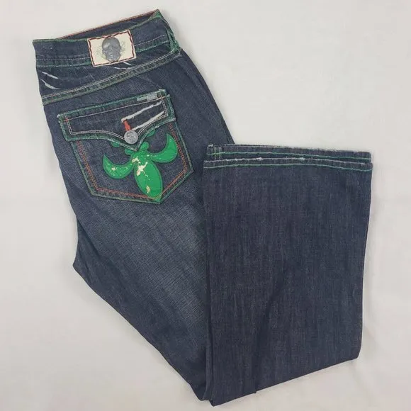 Laguna Beach skull fleur de lis detailed made in USA jeans. EUC