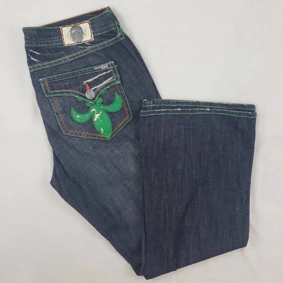 Laguna Beach 42X35 skull fleur de lis detailed made in USA jeans. EUC