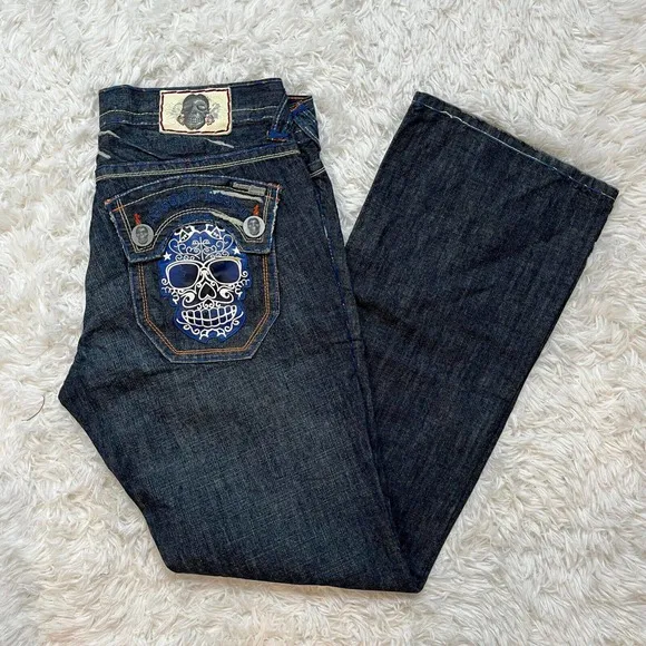 Laguna Beach Men's Designer Jeans Size 36 Skull Bootcut Dark Wash Hip Hop Y2K