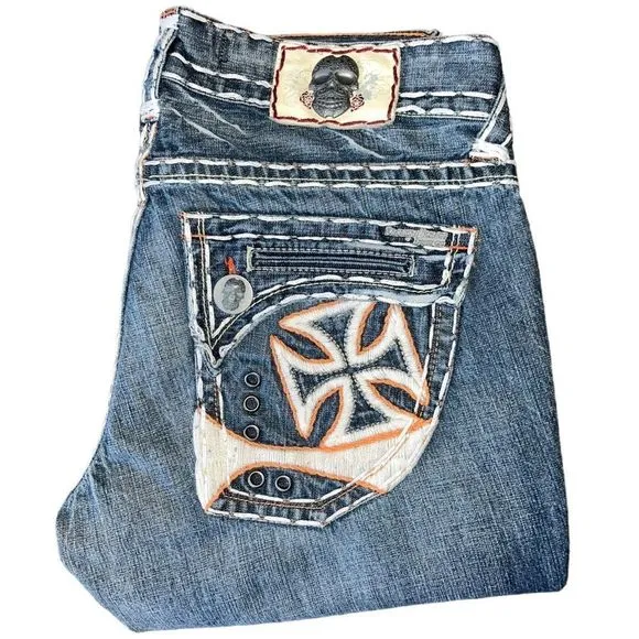 LAGUNA BEACH HAND STITCHED SKULL CROSS EMBROIDERED POCKETS JEANS