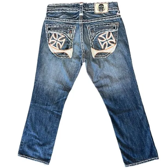 LAGUNA BEACH HAND STITCHED SKULL CROSS EMBROIDERED POCKETS BOOTCUT JEANS