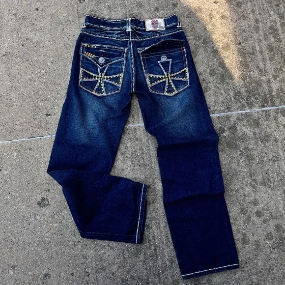 Y2K Laguna Beach Y2K Affliction Style Jeans Embroidered Rhinestone Mens 32x33