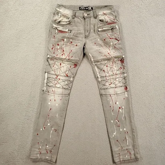 Laguna Beach Jean Mens 32 Redondo Gray Red White Paint Splatter Zippers Slim Fit