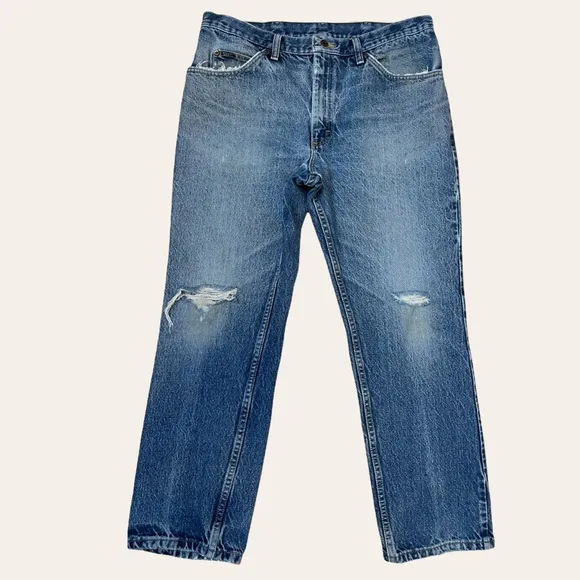 Vintage Lee Jeans Distressed Blue Denim Straight Leg Grunge 90s Zipper Fly 35