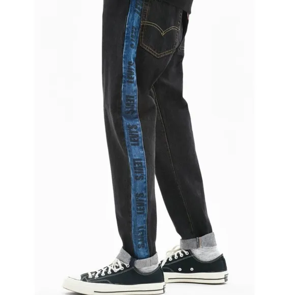 Men’s Black Premium Hi-Ball Roll Logo blue stripe denim jeans