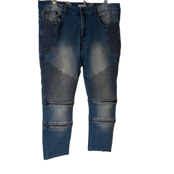 Liquor N Poker Blue Jeans Moto Zipper Raw Hem Ankle Denim Ribbed Mens Size 32