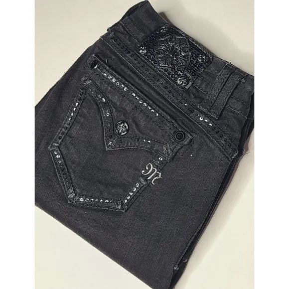 Miss Me Womens Size 29 Mid Rise Easy Skinny Black Sequin Denim Jeans A1