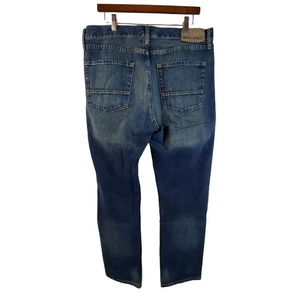 Nautica Men's 36x32 Blue Straight Fit Faded Whiskers Pockets Zipper Cotton Jeans