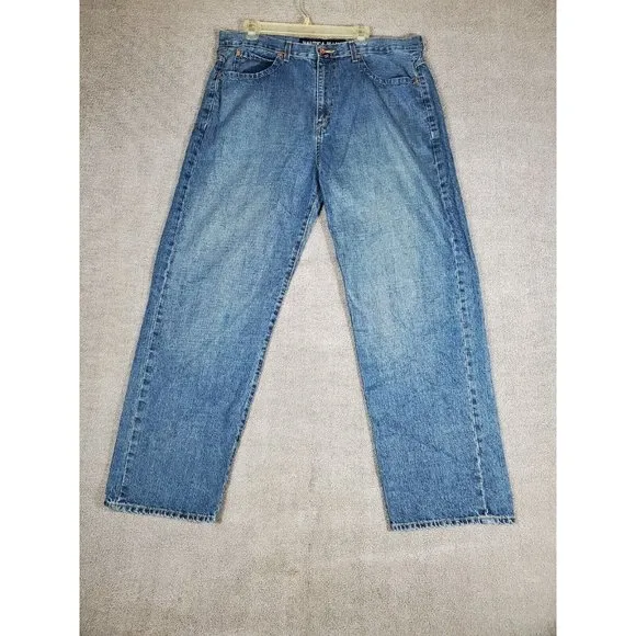 Nautica Jeans Men's Size 38x23 Blue Loose Fit Straight Denim Pants 100% Casual