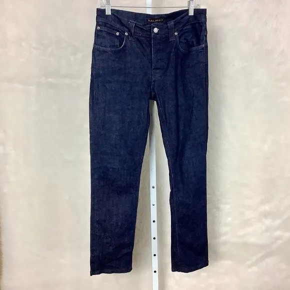 Nudie Jeans Grim Tim Dry Navy Dips Organic Cotton Blend Button Fly Jeans