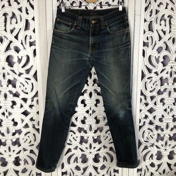 Nudie Jeans Slim Jim Org Dry Dark Organic Cotton Men's 31x28.5 Distressed Holes