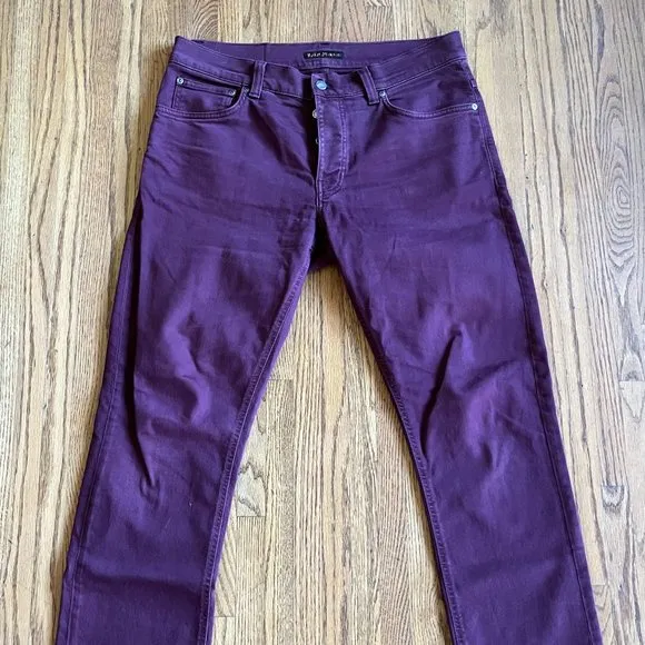 Nudie Jeans Co Maroon Cotton Straight Leg Button Fly Pants Jeans   Mens Size 34