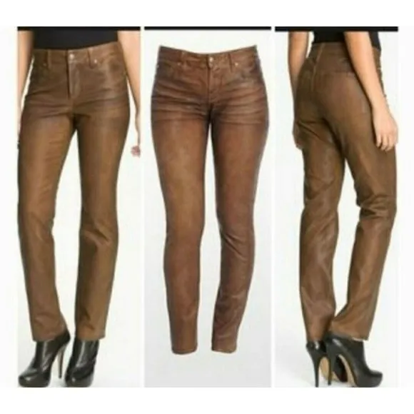 NYDJ Sherri Lift Tuck Brown Coated Skinny Jeans Leather Look Brown Size 12