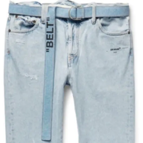 OFF-WHITE TAPERED DISTRESSED DENIM JEANS LIGHT BLU