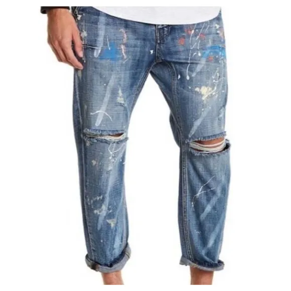 Man X One Teaspoon 34R Blue Suede Mr Browns Paint Splattered Distressed Jeans
          
      NWT