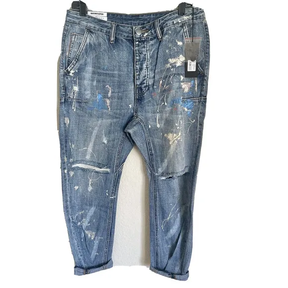 MAN X ONE TEASPOON Mr. Browns Blue Suede Paint Splatter Jeans 31R Tapered Capri
          
      NWT