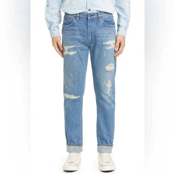 $400 ORSLOW Original 107 Distressed Slim Fit Cuff Jeans in Indigo, Size 4 US L