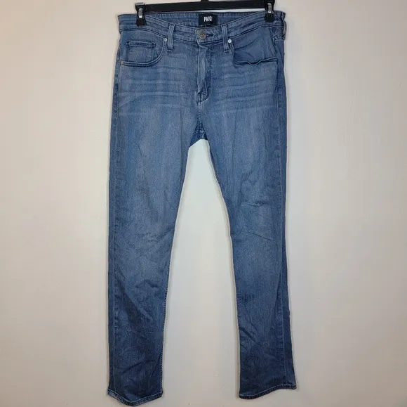Paige Mens Blue Medium Wash Federal Slim Straight Stretch Jeans 33x33 Whiskering