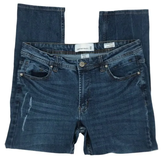 Paper Denim & Cloth Mens Mid Rise Distressed Blue Straight Jeans Size 34/30