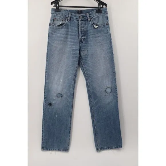 paul smith men's 32 L31 distressed patchwork jeans straight leg light wash patch
