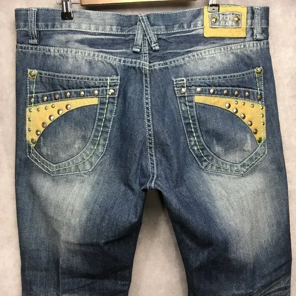 Pepe Jeans Mens Blue Jeans 38x28 Loose Fit Denim Studded Pocket Detail Rough Hem