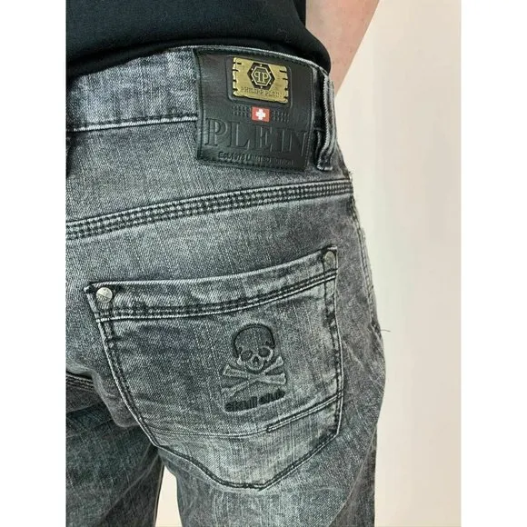 Philipp Plein Skull Club Gray Acid Wash Jeans (Lim