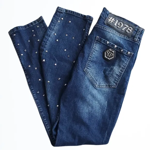Phillipp Plein Medium Wash Studded Detailing Straight Leg Blue Jeans Size 33x30