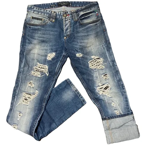 Philipp Plein distressed stud jeans faded blue Illegal fight cut straight cut 33
