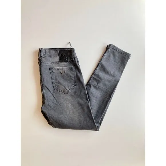 Men's PHILIPP PLEIN Dark Grey Stretch Cotton Skull Patch Skinny Jeans Size 32