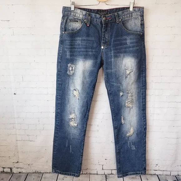 Philipp Plein Illegal Fight Club Straight Cut Distressed Jeans 36 Skull Pockets
