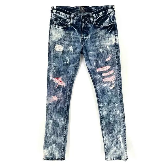PRPS Distressed Jeans Denim Bleach Washed Frayed Patches Skinny Pants 30 Cotton
