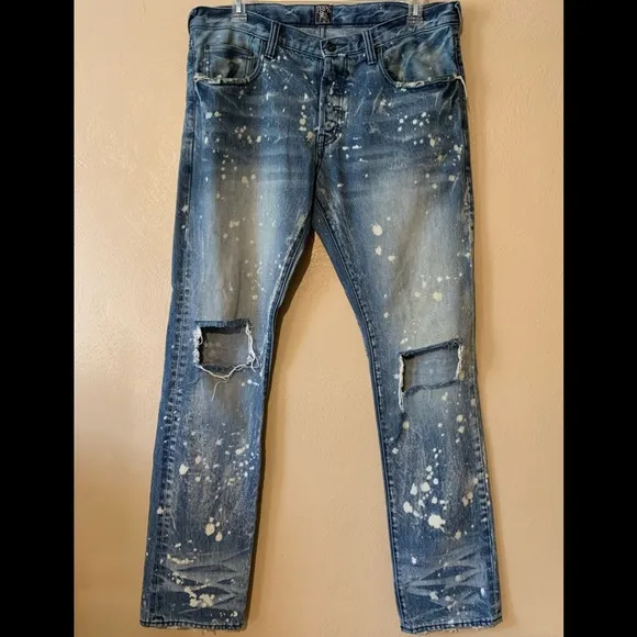PRPS 36W ripped, paint splattered jeans. Button up