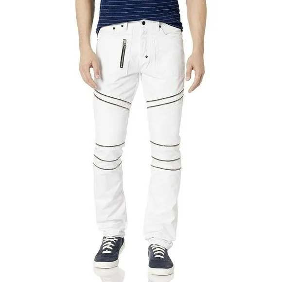 PRPS Goods & Co Men’s White Moto Style Jeans Size 40 Zipper Feature Button Fly
