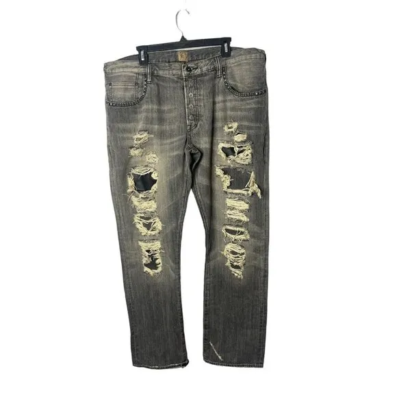 PRPS sz 42x34 distressed jeans button fly black studded mens relaxed fit