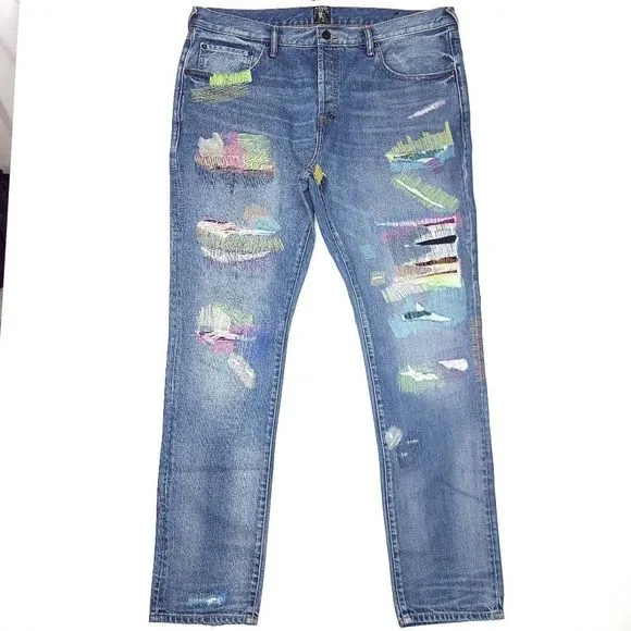 PRPS Le Sabre Slim Taper Jeans Mens 38x34 Patches Colorful Designer Rare NWOT