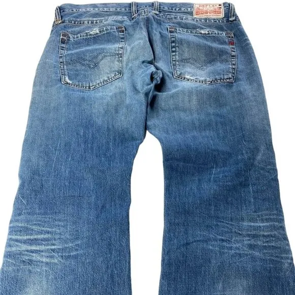 Replay Distressed Jeans Mens Button Fly Straight Leg 38x33