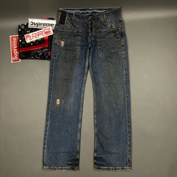 Waxed Oiled Rick Owens SLAB Denim Mud Distressed Washed Pocket Flare Cargo Jeans