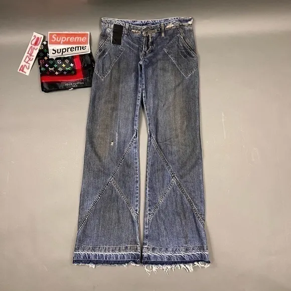 Rick Owens SLAB Jeans Spiral Flare Undone Distressed Waxed Mud Wash Twisted Seam