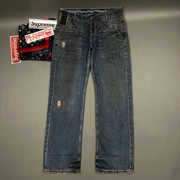 Waxed Oiled Rick Owens SLAB Denim Mud Distressed Washed Pocket Flare Cargo Jeans